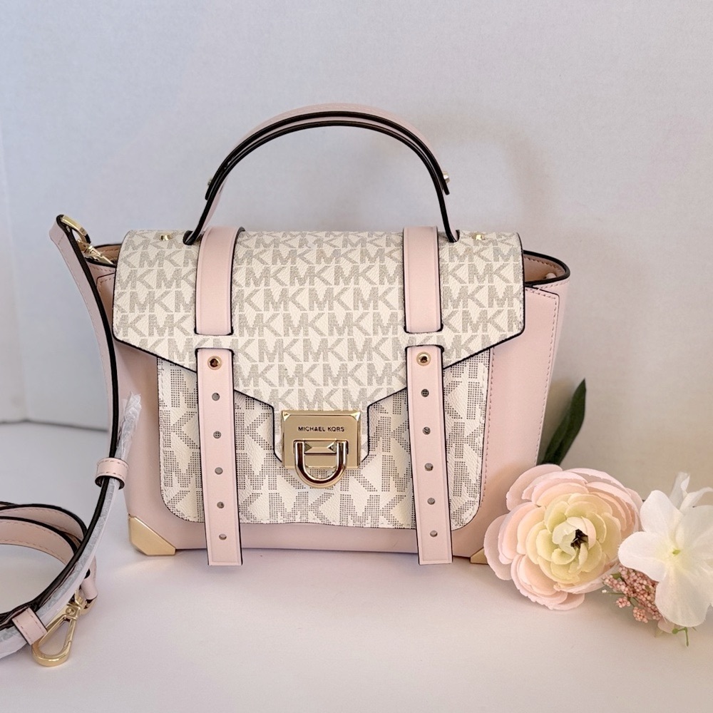 Michael Kors Manhattan Medium Leather and Logo Satchel - Powder Blush